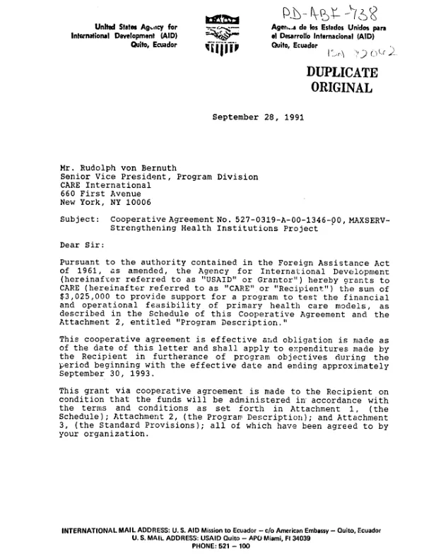 AID cooperative agreement no. 527-0319-A-00-1346-00 with CARE International to test the financial and operational feasibility of primary health care models as part of the MAXSERV -- strengthening health institutions project in Peru