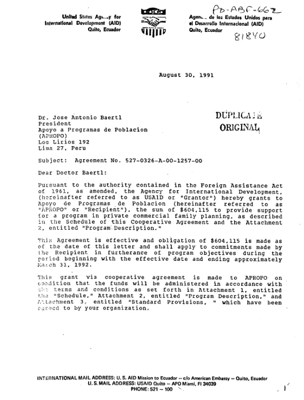 AID agreement no. 527-0326-A-00-1257-00 with Apoyo a Programas de Poblacion for a program in private commercial family planning