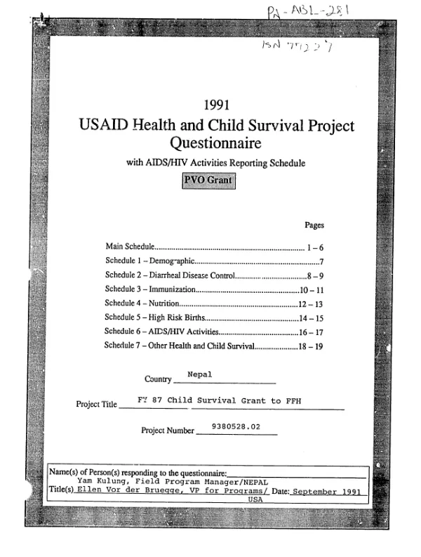 1991 USAID health and child survival project questionnaire with AIDS/HIV activities reporting schedule -- PVO grant