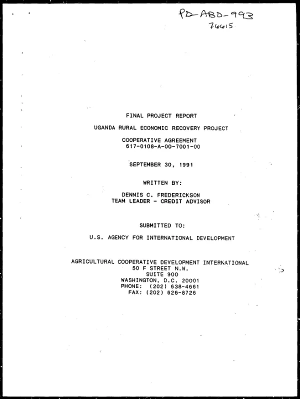 Final project report : Uganda rural economic recovery project, cooperative agreement 617-0108-A-00-7001-00