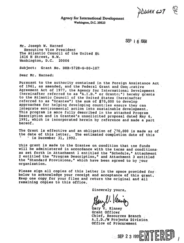 AID grant no. DHR-5728-G-00-1079-00 to the Atlantic Council of the United States for developing recommendations for actions supported by major US and international interest groups in the energy area