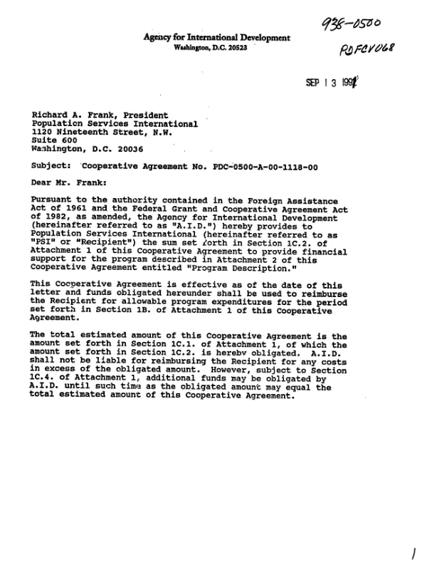 AID cooperative agreement no. PDC-0500-A-00-1118-00 with Population Services International (PSI) to support the Cameroon child survival project