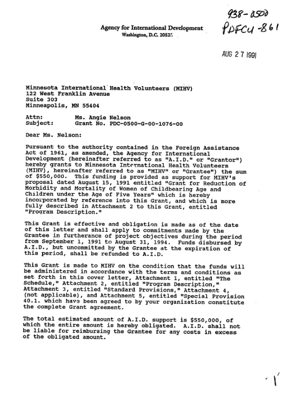 AID grant no. PDC-0500-G-00-1076-00 to Minnesota International Health Volunteers (MIHV) to support a community-based child survival project in Kenya