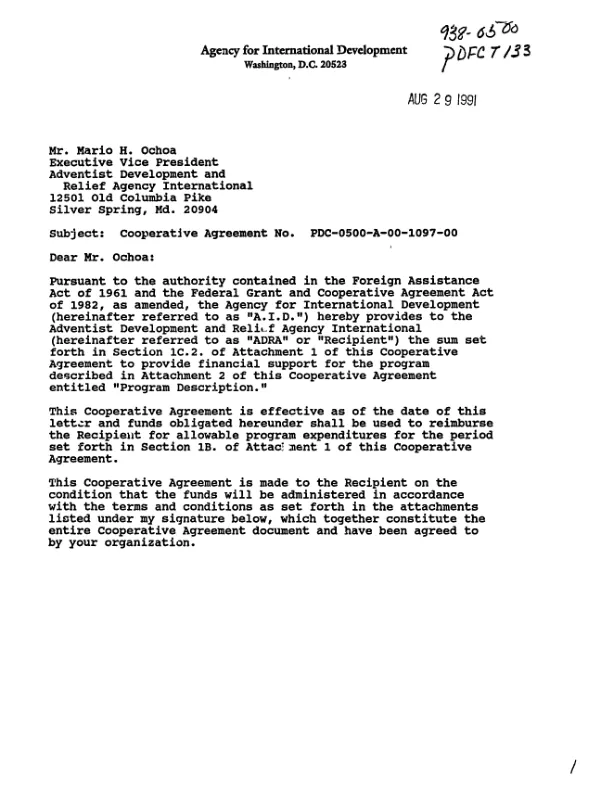 AID cooperative agreement no. PDC-0500-A-00-1097-00 with Adventist Development and Relief Agency International to support child survival projects in Nicaragua, Uganda, and Indonesia