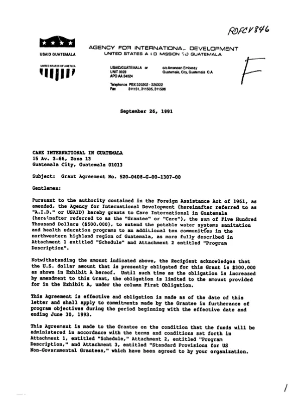 AID grant agreement no. 520-0408-G-00-1307-00 with CARE International in Guatemala to extend the potable water systems, sanitation, and health education programs to an additional ten communities in the northwestern highland region of Guatemala