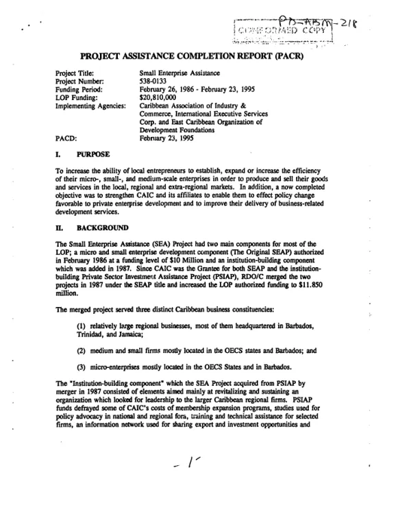 Project assistance completion report (PACR) : small enterprise assistance