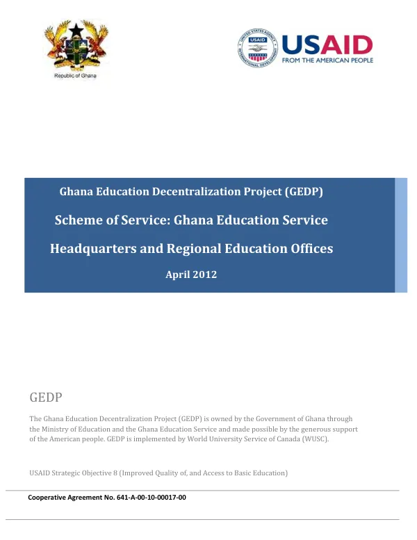 Ghana education decentralization project (GEDP) : scheme of service -- Ghana Education Service Headquarters and Regional Education Offices