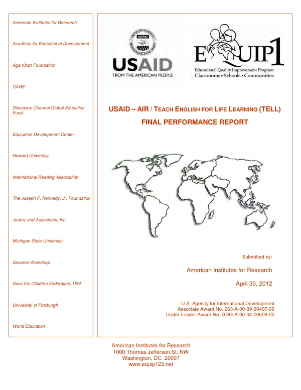 USAID-AIR/teaching English for life learning (TELL) : final performance report