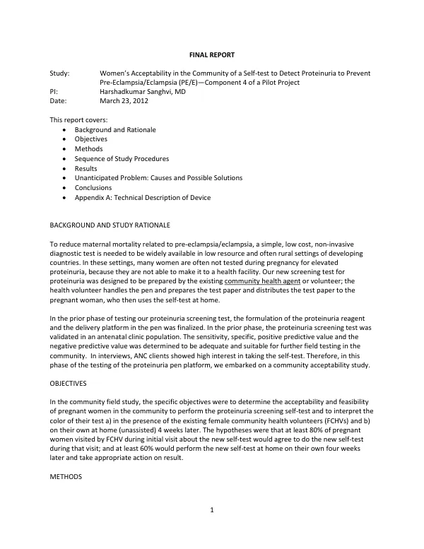 Women’s acceptability in the community of a self-test to detect proteinuria to prevent pre-eclampsia/eclampsia (PE/E)-component 4 of a pilot project