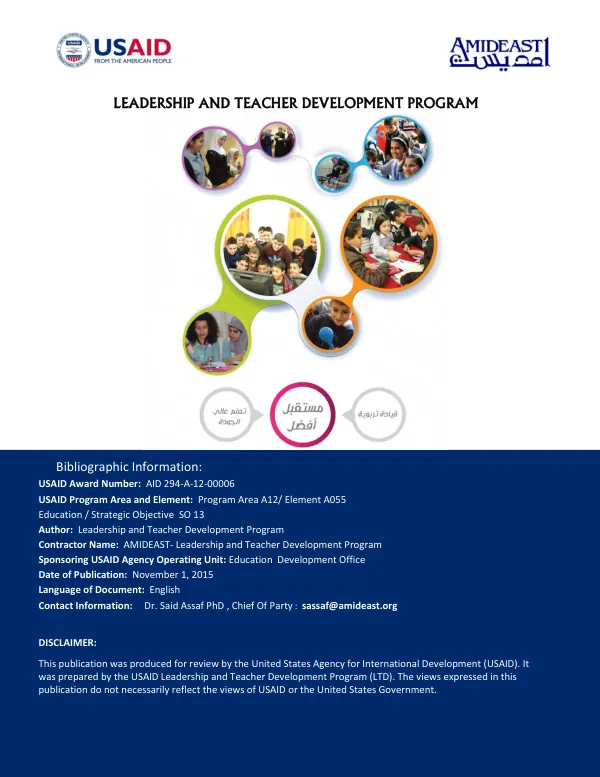 Evaluation report : impact of the leadership and teacher development program on improving the quality of education in the West Bank and Gaza : fiscal year 2015