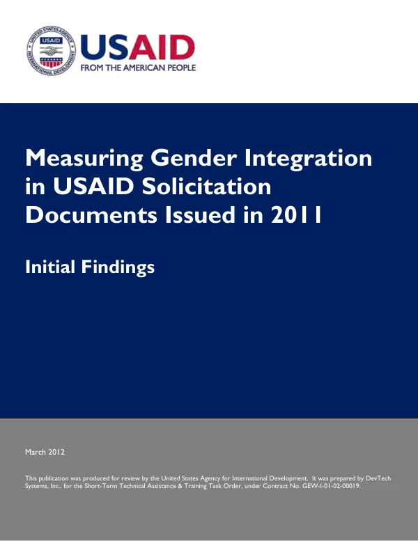 Measuring gender integration in USAID solicitation documents issued in 2011 : initial findings