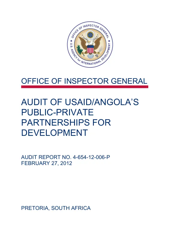 Audit of USAID/Angola"s public-private partnerships for development