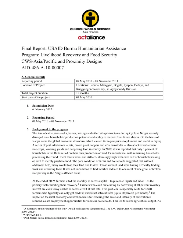 Final report: USAID Burma humanitarian assistance program : livelihood recovery and food security