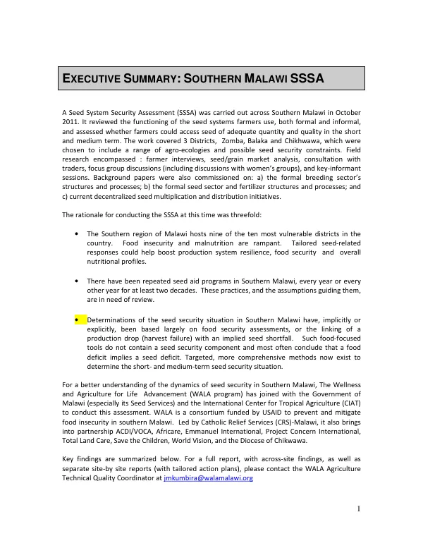 Executive summary : southern Malawi SSSA