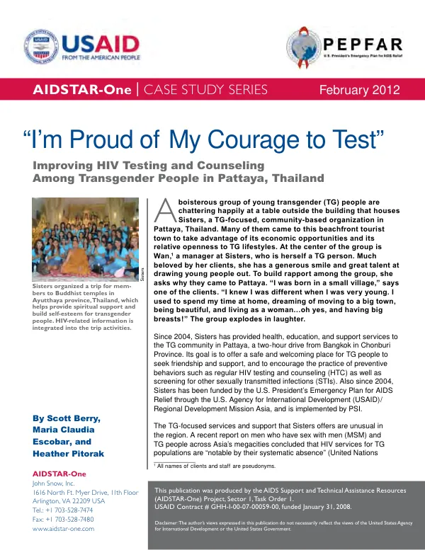 Improving HIV testing and counseling among transgender people in Pattaya, Thailand