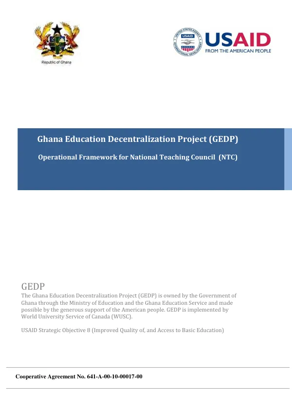 Ghana education decentralization project (GEDP) : operational framework for National Teaching Council (NTC)