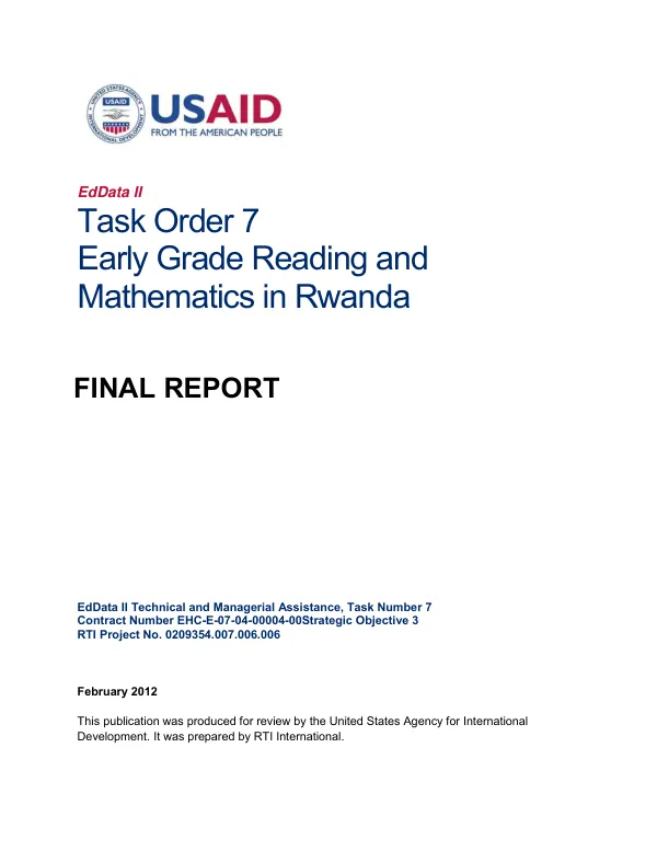 EdData II task order 7, early grade reading and mathematics in Rwanda : final report
