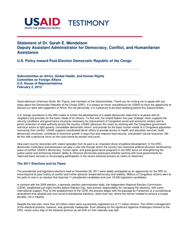 U.S. Policy toward post-election Democratic Republic of the Congo