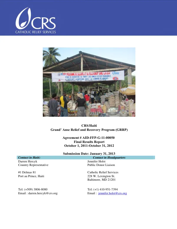 CRS/Haiti Grand Anse relief and recovery program (GRRP) : agreement # AID-FFP-G-11-00050, final results report, October 1, 2011-October 31, 2012