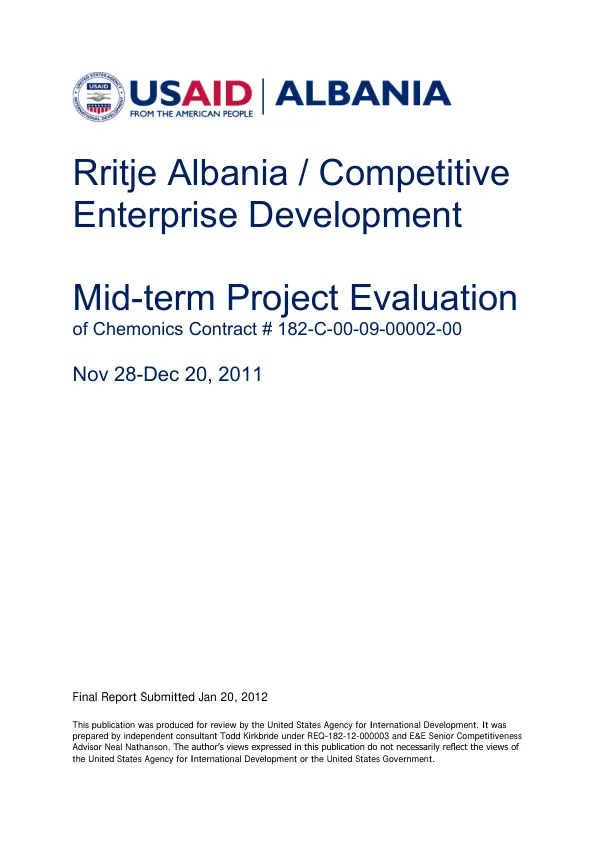 Rritje Albania/Competitive enterprise development : mid-term project evaluation of Chemonics contract # 182-C-00-09-00002-00, Nov 28-Dec 20, 2011