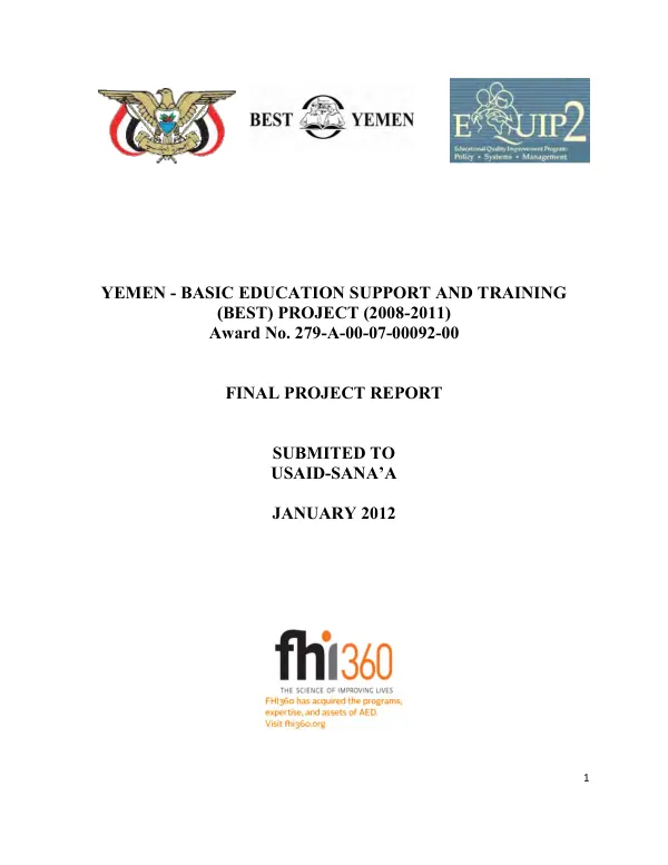 Yemen - basic education support and training (BEST) project (2008-2011), award No. 279-A-00-07-00092-00 : final project report