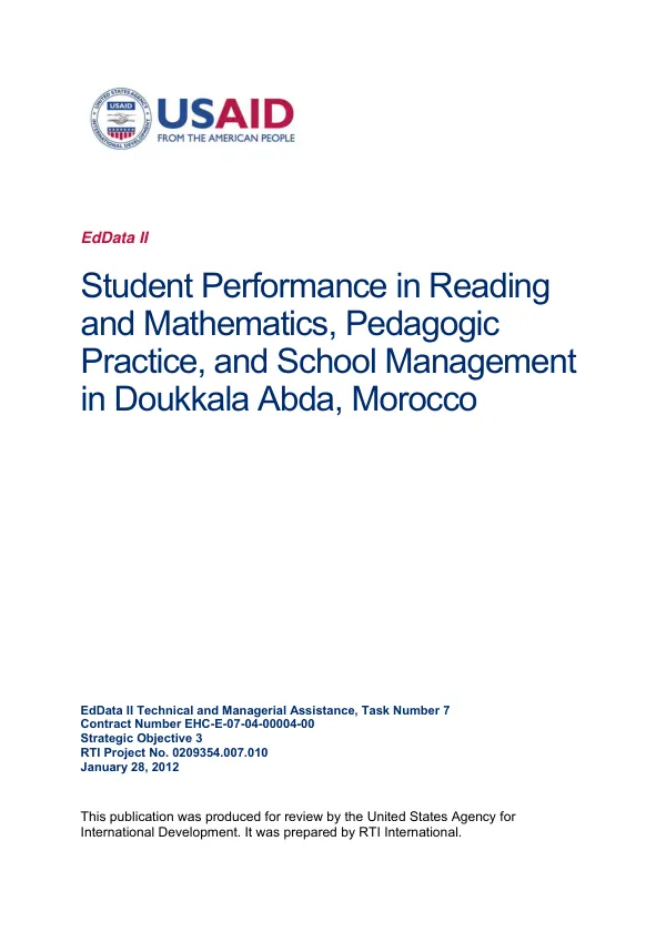 Student performance in reading and mathematics, pedagogic practice, and school management in Doukkala Abda, Morocco