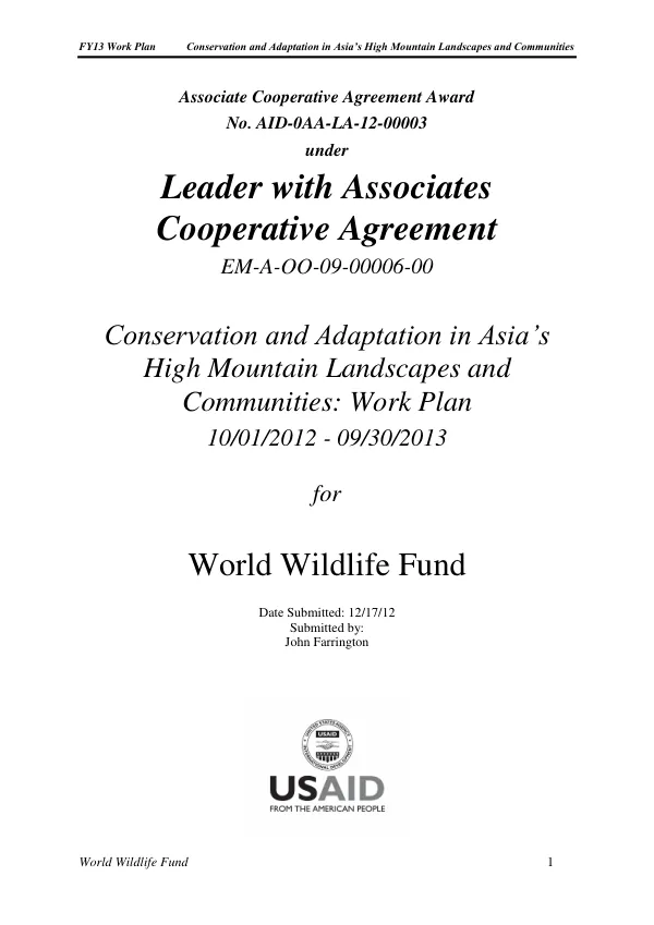 Conservation and Adaptation in Asia’s High Mountain Landscapes and Communities: Work Plan 10/01/2012 - 09/30/2013