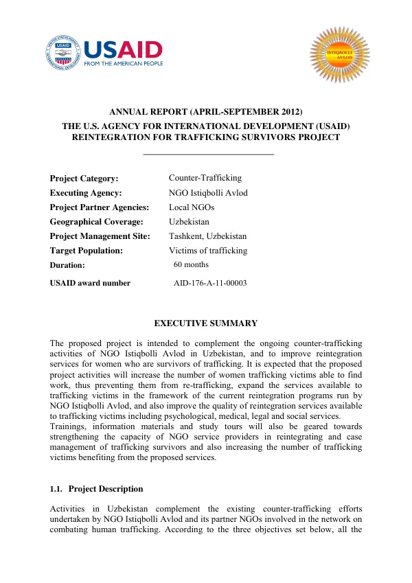 Annual report (April-September 2012) : the US Agency for International Development (USAID), reintegration for trafficking survivors project