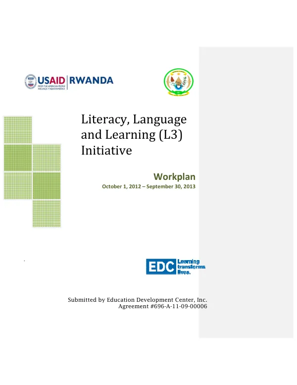 Rwanda Literacy, Language and Learning (L3) Initiative Annual Workplan - FY13