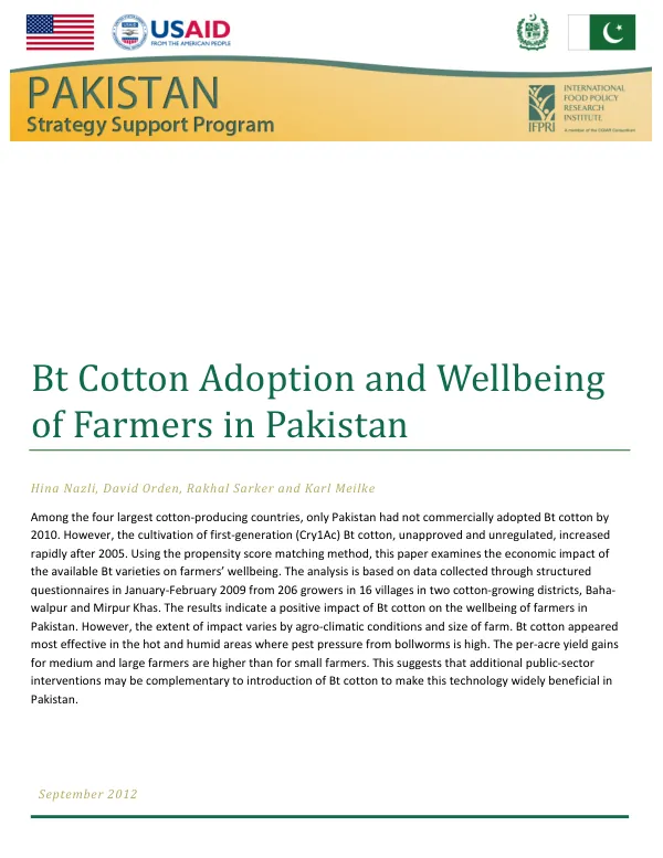 Bt Cotton Adoption and Wellbeing of Farmers in Pakistan
