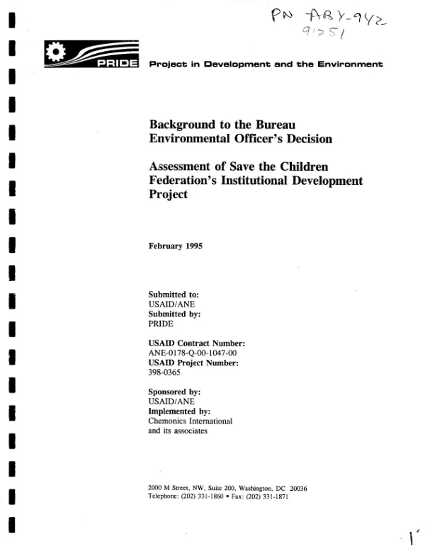 Background to the Bureau Environmental Officer"s decision : programmatic environmental assessment -- assessment of Save the Children Federation"s institutional development project