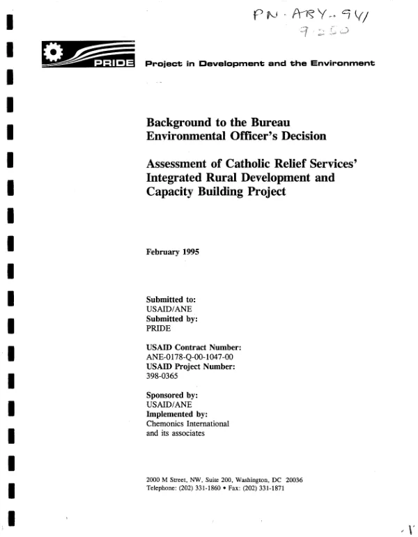 Background to the Bureau Environmental Officer"s decision : [programmatic environmental assessment] -- assessment of Catholic Relief Services" integrated rural development and capacity building project
