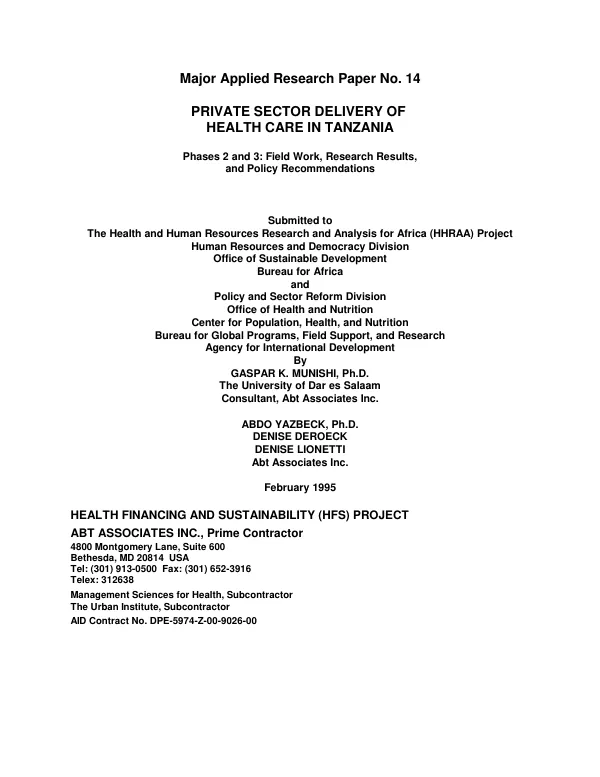 Private sector delivery of health care in Tanzania -- phase 2 and 3 : field work, research results, and policy recommendations