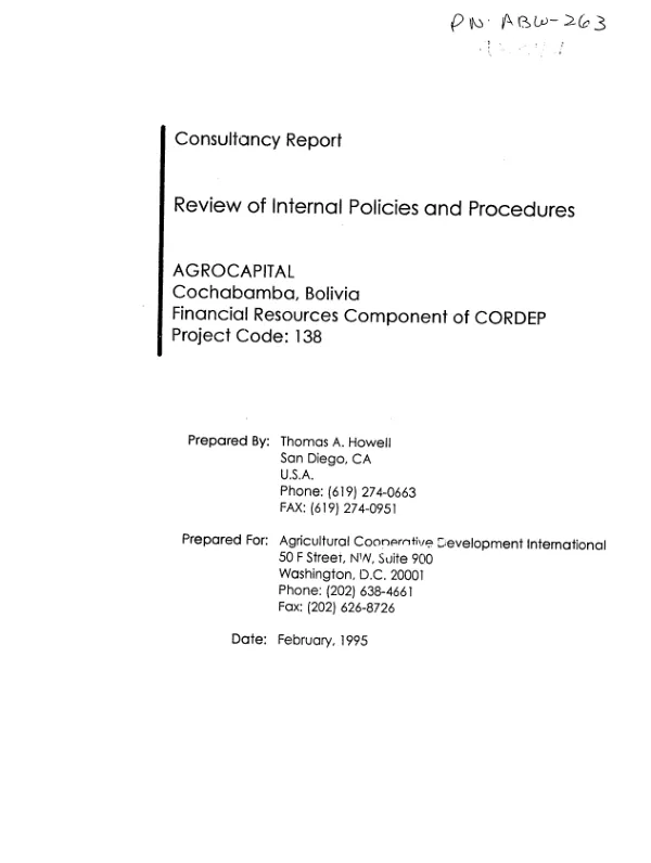 Consultancy report : review of internal policies and procedures -- AGROCAPITAL : Cochabamba, Bolivia : financial resources component of CORDEP [Cochabamba regional development project]