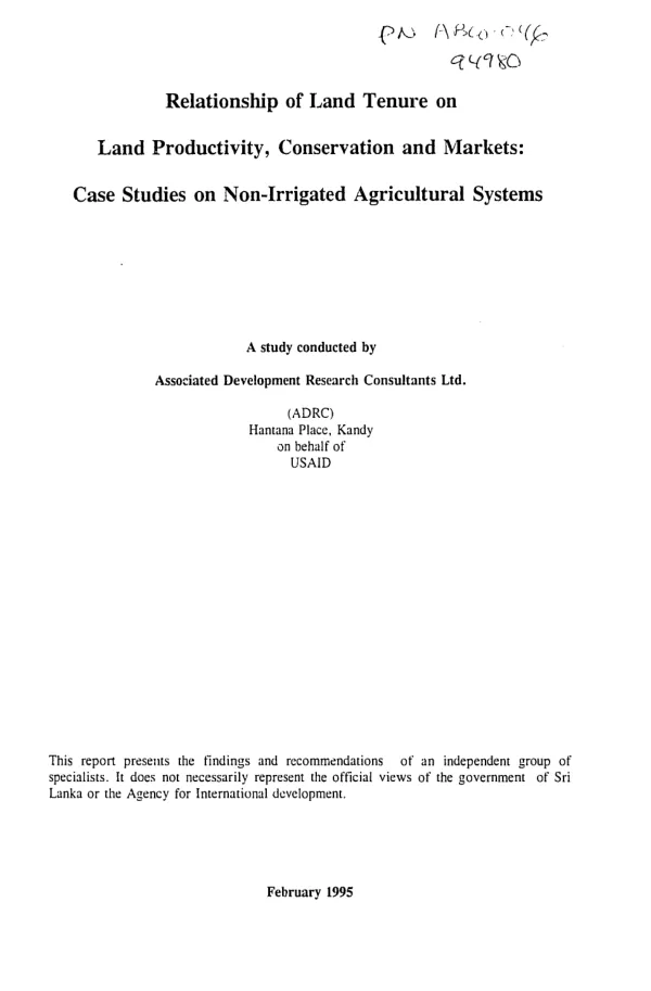 Relationship of land tenure on land productivity, conservation and markets : case studies on non-irrigated agricultural systems