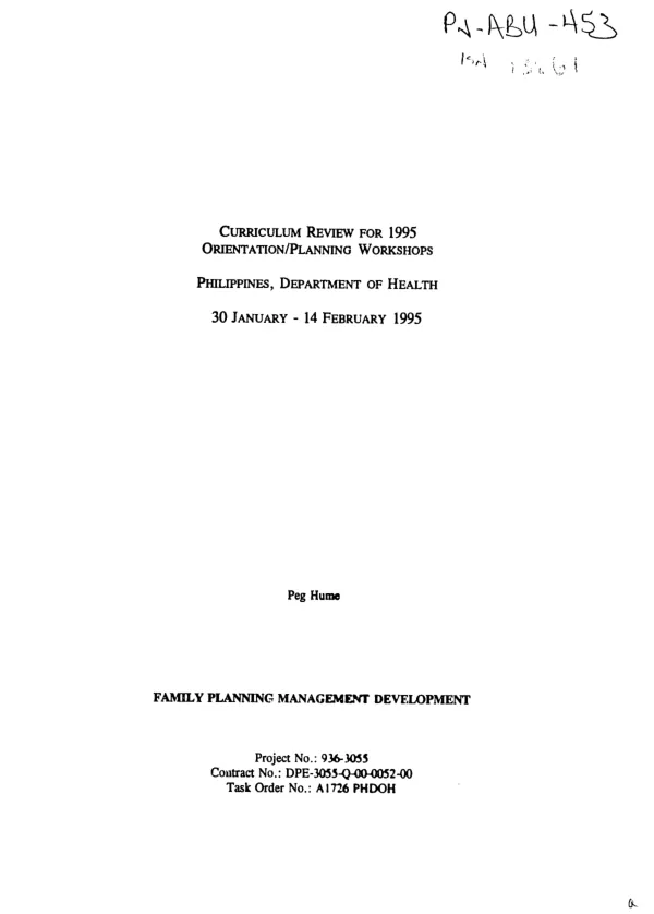 Curriculum review for 1995 : orientation/planning workshops -- Philippines, Department of Health, 30 January - 14 February 1995