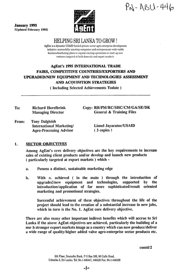 AgEnt"s 1995 international trade fairs, competitive countries/exporters and upgraded/new equipment and technologies assessment and acquisitions strategies (including selected achievements todate [i.e. to date])