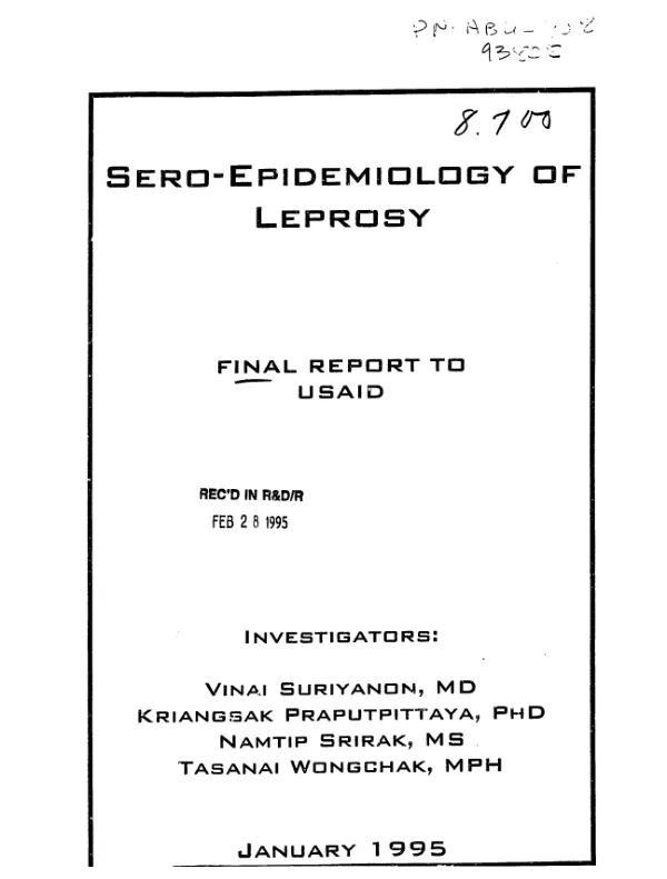 Final report period covered 01/08/88 to 30/06/94 : sero-epidemiology of leprosy