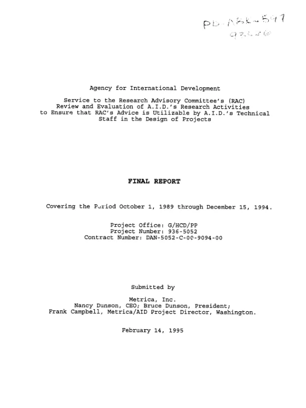 Service to the Research Advisory Committee"s (RAC) review and evaluation of AID"s research activities to ensure that RAC"s advice is utilizable by AID"s technical staff in the design of projects : final report covering the period October 1, 1989 through December 15, 1994