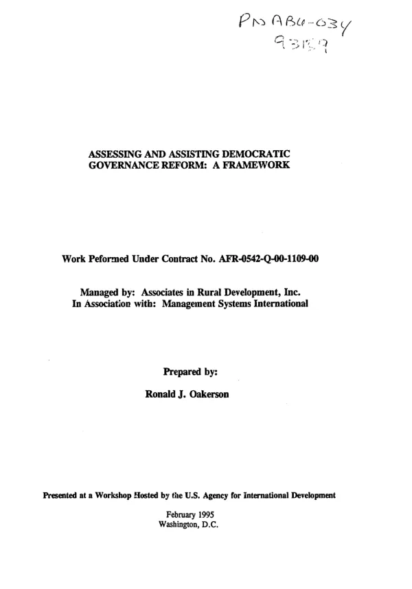Assessing and assisting democratic governance reform : a framework