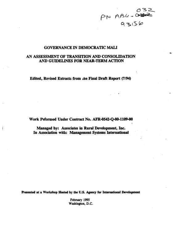 Governance in democratic Mali : an assessment of transition and consolidation and guidelines for near-term action