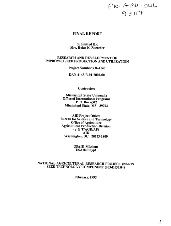 Final report : research and development of improved seed production and utilization