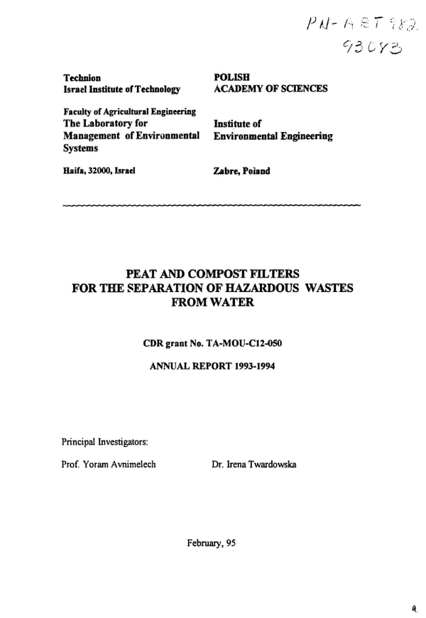Peat and compost filters for the separation of hazardous wastes from water : CDR grant no. TA-MOU-C12-050 -- annual report 1993-1994