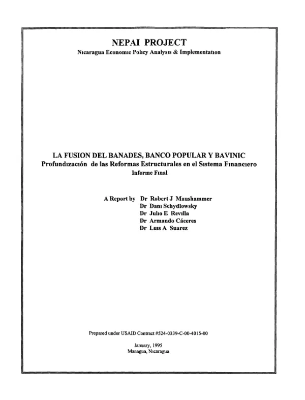 La fusion del BANADES [Banco Nacional de Desarrollo], Banco Popular y BAVINIC : profundizacion de las reformas estructurales en el sistema financiero -- informe final