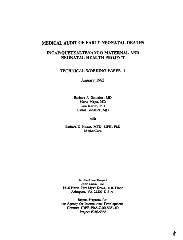 Medical audit of early neonatal deaths : INCAP/Quetzaltenango maternal and neonatal health project