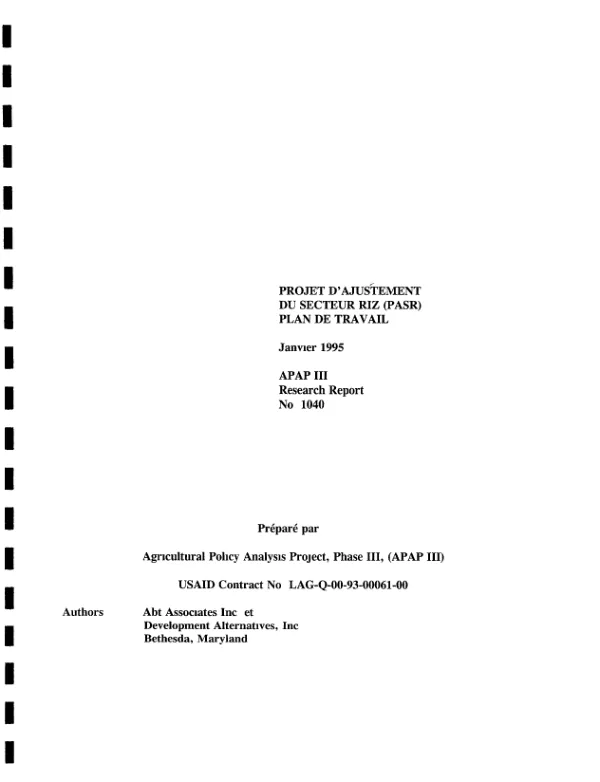 Projet d"adjustement du secteur riz (PASR) : plan de travail