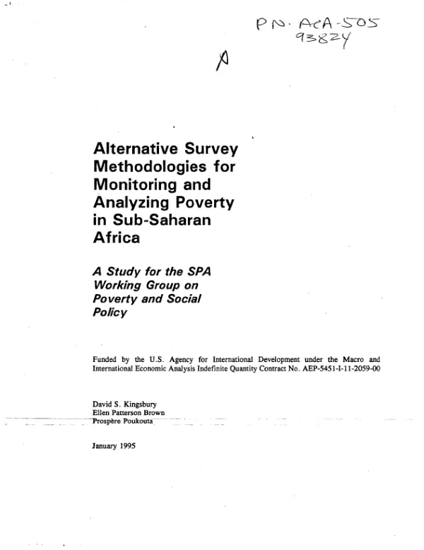 Alternative survey methodologies for monitoring and analyzing poverty in sub-Saharan Africa : a study for the SPA [special program of assistance for Africa] working group on poverty and social policy