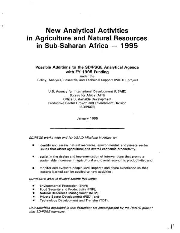 New analytical activities in agriculture and natural resources in sub-Saharan Africa -- 1995 : possible additions to the SD/PSGE analytical agenda with FY 1995 funding under the Policy, Analysis, Research, and Technical Support (PARTS) project