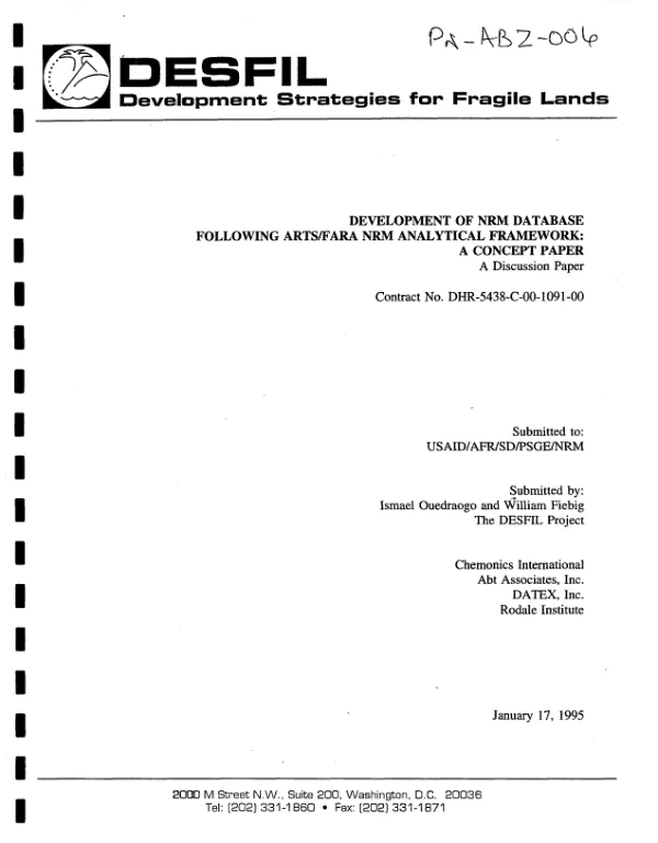 Development of NRM [natural resource management] database following ARTS/FARA NRM analytical framework : a concept paper -- a discussion paper
