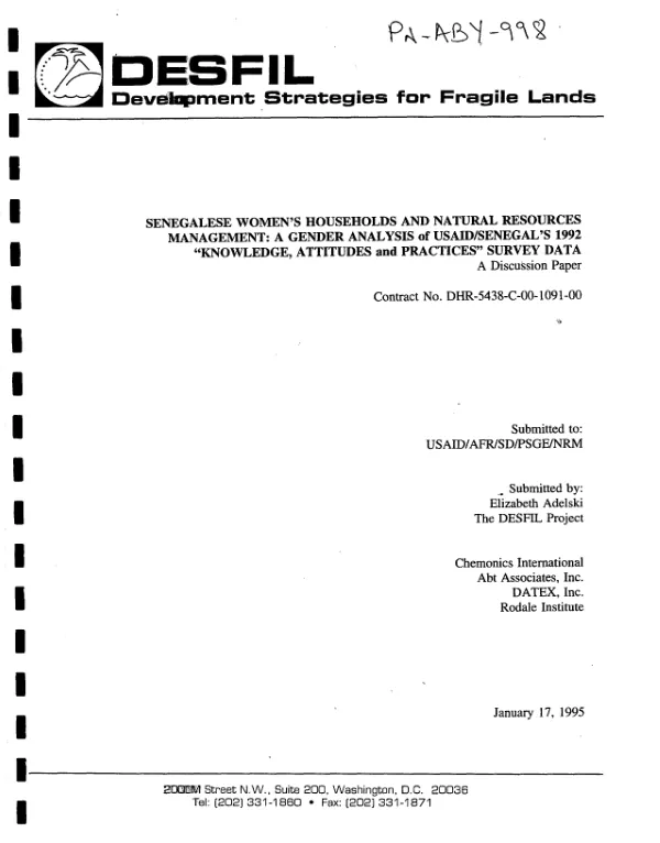 Senegalese women"s households and natural resources management : a gender analysis of USAID/Senegal"s 1992 "knowledge, attitudes and practices" survey data -- a discussion paper